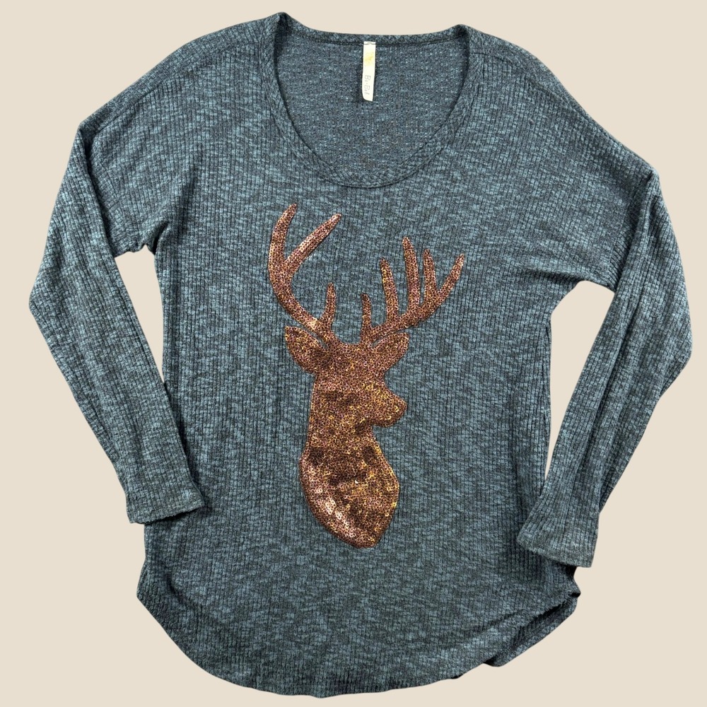 Bo Bel Waffle Knit Top Womens S Blue Sequin Deer Head Long Sleeve Shirt Buck